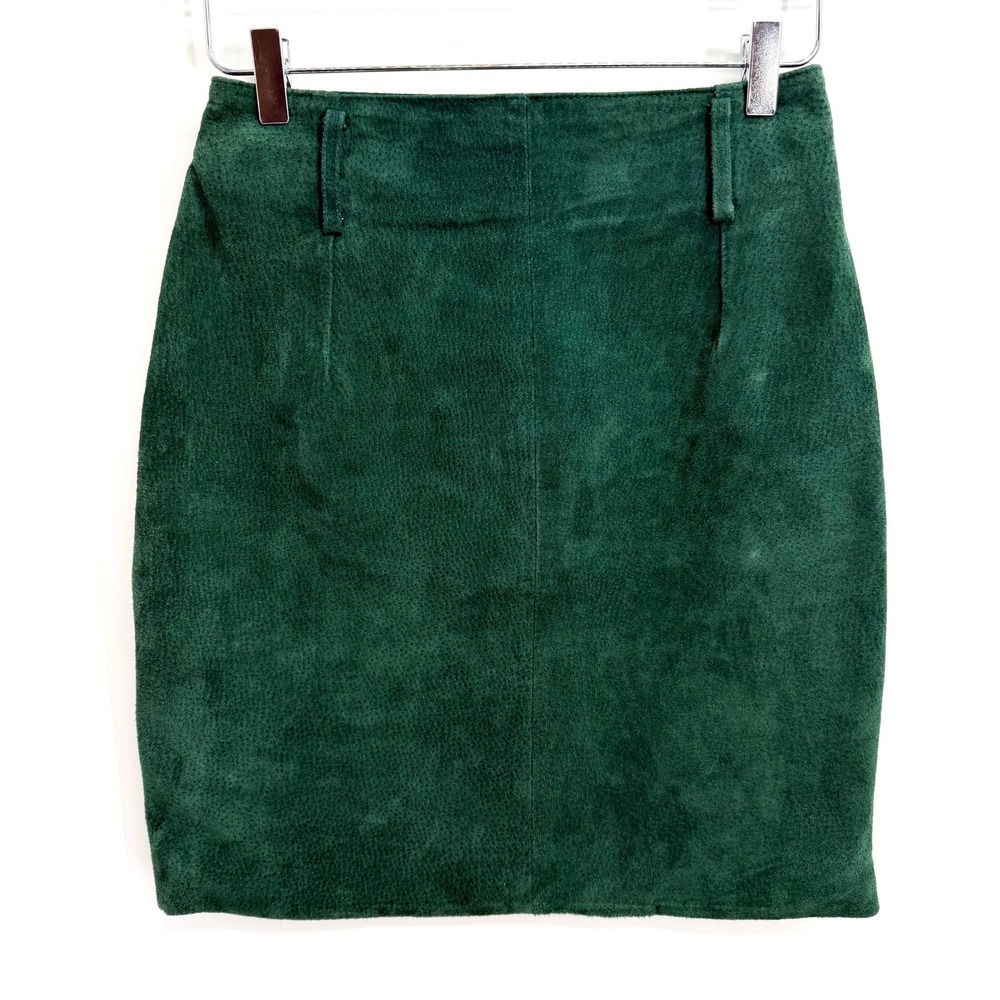 Vintage Express Green Leather Mini Skirt Size 9/10 High Waisted Pencil 90s